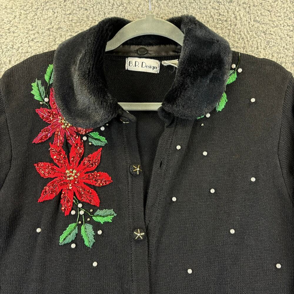 VTG 90s Womens Ugly Christmas Sweater Large Faux Fur Floral Beaded BP Design - Picture 2 of 13